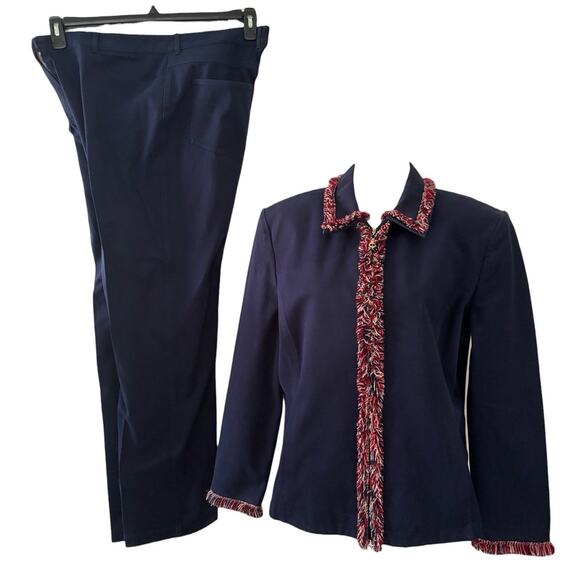 St John Sport by Marie Gray Blazer Jacket Pant Set Blue Fringe Trim Size XL 16 - Picture 1 of 11